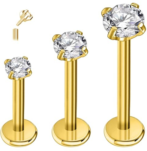 ESHIONER G23 Titanium Piercing Tragus Helix Labret Piercing Ear Brosk Piercing Läppar Bioflex platta studs piercing Medusa allergivänlig silver guld 16 g 6 mm 8 mm 10 mm 3 stycken, 16 gauge (1.2mm