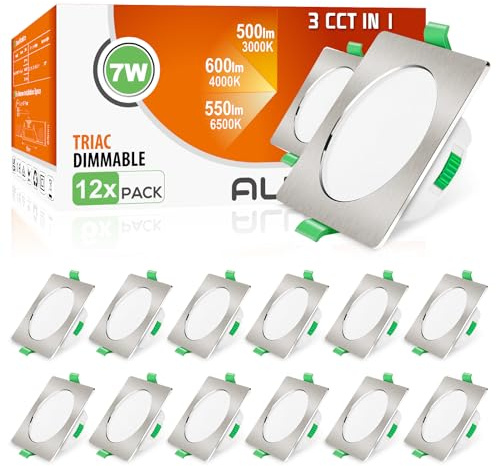 ALUSSO Square LED Downlights Dimmable 7W IP44 Slim Recessed Ceiling Lights, 3CCT 3000K Warm 4000K Neutral 6500K Cool Adjustable Bathroom Spotlights, Brushed Nickel, 12 Pack