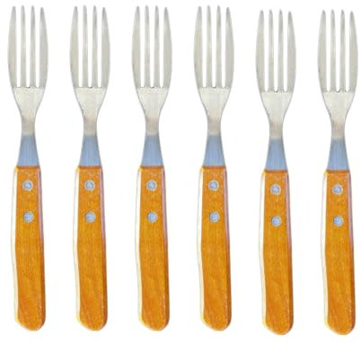 Pack de 6 Tenedores Chuleteros con mango de Madera. Fáciles de usar y agarrar. Cuatro dientes, especiales para Carne. Fáciles de lavar. Fabricados en España.