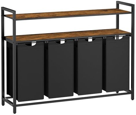 VASAGLE Laundry Basket, Laundry Hamper with 4 Pull-Out and Removable Laundry Bags, 2 Shelves, 4 x 40 L, for Laundry Room, Rustic Brown and Black BLH214B01
