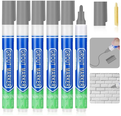 Flintronic 6 piezas Rotulador Juntas Azulejos Gris, Restaura juntas de baños y cocinas con rotulador de lechada blanco