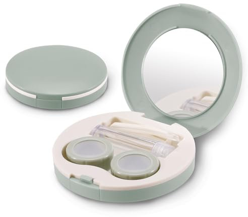 2 Pack Travel Contact Lens Case Kit, Portable Eye Contact Case with Mirror, Remover Tool, Tweezers & Solution Bottle, Lens Holder Box Container Storage for Outdoor Daily (Round, Green)