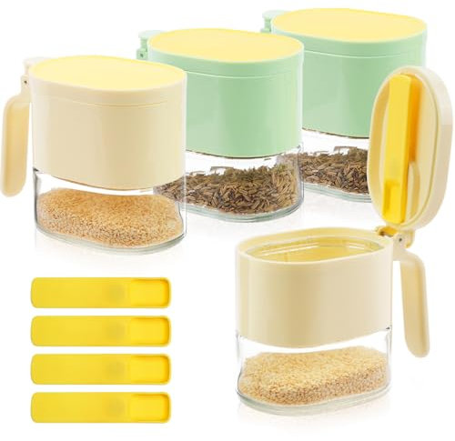SHAIDOJIO 4 Barattoli Spezie Trasparente, Barattoli Cucina, Contenitori Spezie di Vetro con Coperchio e Cucchiaio, Sigillati Barattoli Barattoli per Spezie per Spezie Sale Zucchero Pepe-2 Colori