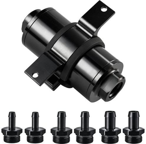 EVIL ENERGY Inline Fuel Filter 100 Micron with Barb 1/2, 3/8, 5/16 Fitting Adapter, Bracket Clamp 50MM Universal Aluminum Black for Gasoline, Diesel, Rubber Fuel Line