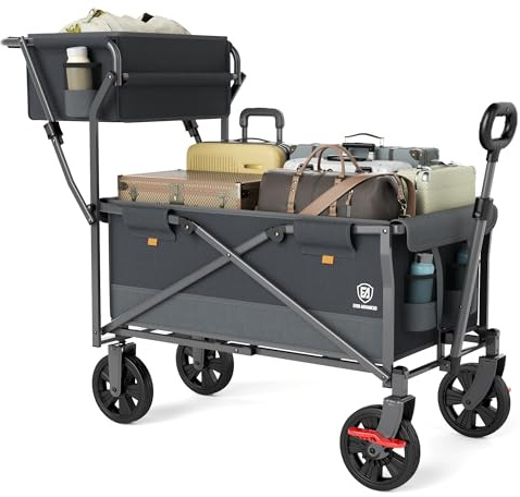 EVER ADVANCED Carro de Transporte Plegable Empujar&Tirar con Freno, Cesta de Compra, portavasos, Bolsillo Lateral, Carrito Plegable, Carro Playa hasta 100kg para Camping, Playa, Compras
