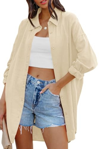 Cicy Bell Women's Blouse Oversized Long Sleeve Button Down Shirts Casual Cotton Top with Pockets, Beige, XL