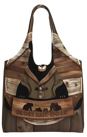 WBQLSL Rustikale Lodge Bear bedruckte Canvas-Tasche für Damen, große Kapazität, Umhängetasche, tägliche Reisehandtasche, Schwarz , Einheitsgröße