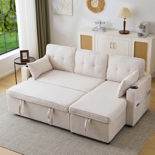Bäddsoffa med sovfunktion, U-formad soffa, stoppad soffa, bomull och linnetyg, med mugghållare, två förvaringsutrymme, lämplig för familjer, vardagsrum och andra platser (beige + 3-sitsig)