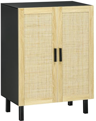 HOMCOM Meuble de rangement buffet rotin avec placard à portes effet cannage, étagères réglables, style bohème, armoire de rangement pour salon, cuisine, chambre, 73 x 41 x 102 cm, noir et bois naturel