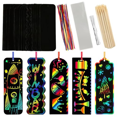 PEASUG Scratch Art, 40 set di 5 stili di graffio per bambini, set di carta da grattare arcobaleno, segnalibri magici neri da grattare, regali per bambini, fai da te, bomboniere pasquali