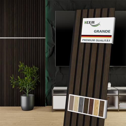 HEXIM Akustiska paneler, 140 x 30 cm, träbaksida, väggpaneler, lameller, träpaneler, äkta träfanér 21 mm, filt, ljudisolering, MDF-brun (0,42 m² mörkrökt ek)