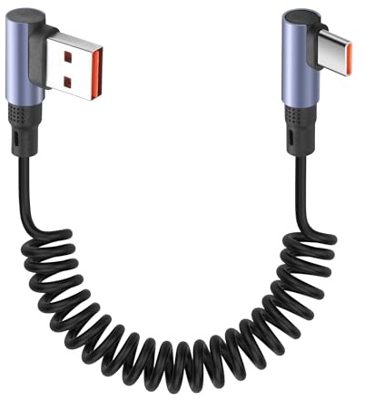 YACSEJAO USB A till USB C-spiralkabel, 90 grader, 1 m, 6 A/65 W, snabbladdning och dataöverföring, kort rak typ-C-kabel, infällbar för telefon, PC, Android Auto (USB A, vinkel