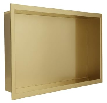 NWT Direct 450 x 300mm Brushed Brass Stainless Steel Shower Niche Rectangle Pre-Built Wetroom Shower Shelving 100% Waterproof Easy Installation Pre-Built