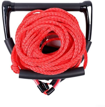 Yhenlovtt Cuerda de esquí acuático de 75 pies con mango reforzado de 15 pulgadas y mango pequeño de 6.3 pulgadas para tubos, wakeboard y deportes acuáticos, 4 secciones con Sto (rojo)