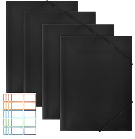 Lot de 4 Chemises à Élastiques,Classeur Plastique A4 avec Élastique Pochettes Plastiques pour Documents Au Format A4 Classeur Élastique pour École Bureau Famille Maison (Noir)