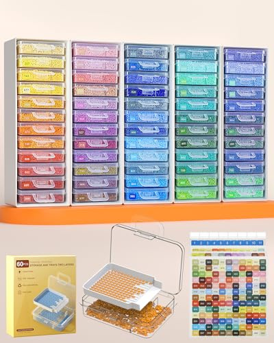 Fournine 60 PCS Diamond Painting Storage Containers Trays, White | 3-in-1 Diamond Painting Trays with Lids, Detachable Trays, 5 Adjustabe Racks, Diamond Art Accessories, Diamond Art Storage
