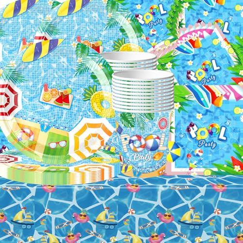 Juego de 61 vajilla de verano para fiestas en la playa, diseño de mar con detalles azules, decoración de cumpleaños, mantel, vasos de papel, servilletas, platos de papel, para 20 invitados