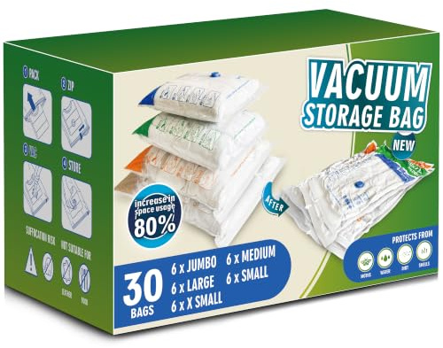 Storage Master Space Saver Bags for Travel and Home Reusable Vacuum Storage Bags Save 80% More Storage Space (30, Combo)