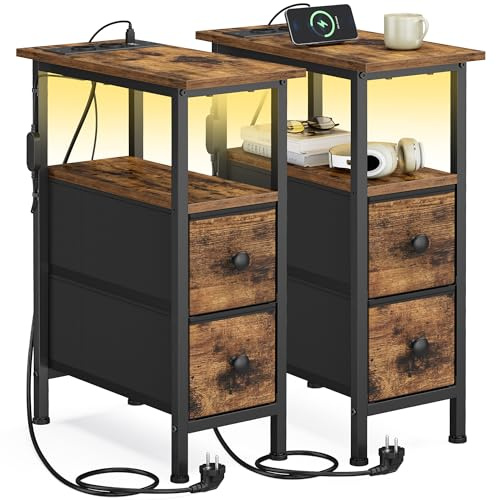 SONGMICS BELLAH Collection - Table d’Appoint, Table de Chevet avec Multiprise Intégrée, Éclairage LED, 2 Tiroirs, Bout de Canapé, Salon, Chambre, Lot de 2, Marron Rustique LGS012K102