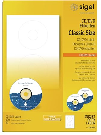 SIGEL LA526 Universal CD/DVD Labels with centering aid, Ø 11.7 cm (center Ø 4.1 cm), 100 lbl equal to 25 sheets, White