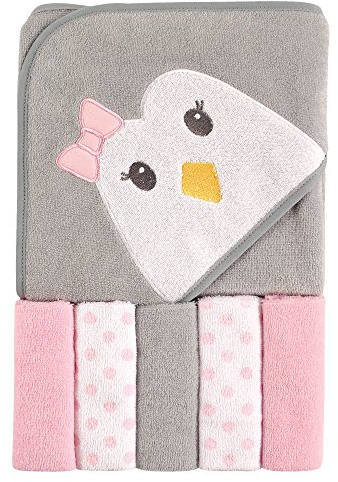 Luvable Friends Unisex Baby Hooded Towel with Five Washcloths,Cotton,Polyester, Penguin, One Size