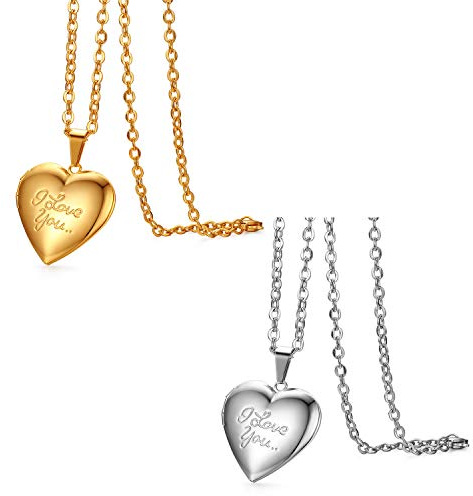 JewelryWe Hjärta medaljong halsband dam: rostfritt stål hjärta fotomedaljong för öppning hjärta hänge foto bilder påfyllbar amulett kedja med hjärta hänge gåva för fru mor dotter flickvän, 2.7 cm x