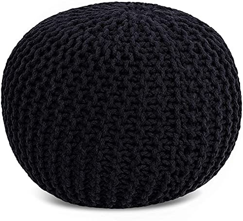 FRELISH DECOR Round Pouf Ottoman Hand Knitted 100% Cotton Pouf Foot Stool - Knitted Bean Bag - Floor Chair for Living Room Bedroom - Foot Rest for Couch (20 Diameter x 14 Height) - Black