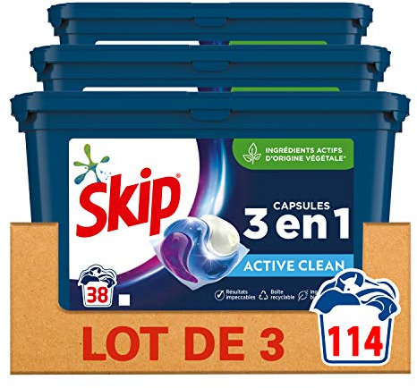 Skip Ultimate Lessive Capsules Trio Active Clean x114, Capsules 3en1 Méga Pack, Efficacité, Soin des Fibres et Fraîcheur Longue Durée 114 Lavages (Lot de 3x38 Capsules)