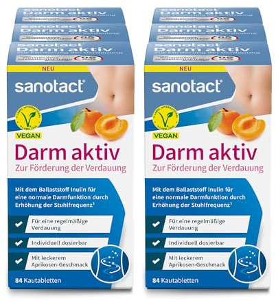 sanotact Darm AKTIV (6 x 84 Kautabletten) • Für eine normale Darmfunktion • Natürliche Ballaststoffe & Inulin aus der Chicoree-Wurzel • Regelmäßige Verdauung & Darmsanierung • 100% Vegan