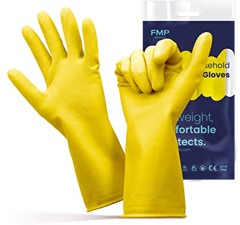 FMP Brands Cleaning Gloves - 12 Pairs Rubber, Non-Slip Dishwashing Gloves, Waterproof Reusable Latex for Kitchen, Bathroom, Household, Gardening (Medium, Yellow)