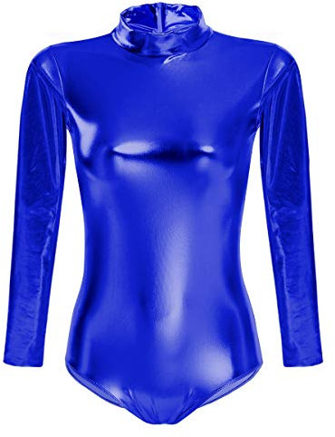 Ballettanzug Damen Frauen Langarm Body Ballett Trikot Turnanzug Gymnastikanzug Tanzen Bodysuit Tanztraining Gymnastik Kostüm Einteiler Metallic One Piece Leotards Oberteile Königs Blau 2XL