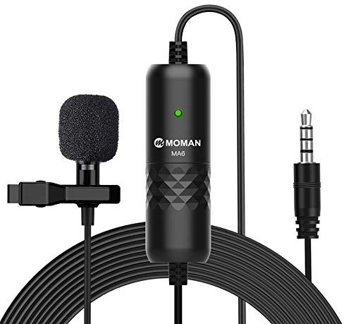 Moman Micrófono de Solapa Lavalier, Condensador con Clip de 6 m, Compatible con Cámaras DSLR, Teléfonos, Ordenador y Portátil (S6)