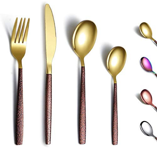 Berglander Juego de cubiertos de 24 piezas con mango de superficie lunar y cabeza dorada brillante con revestimiento de titanio, juego de cuberteria de acero inoxidable