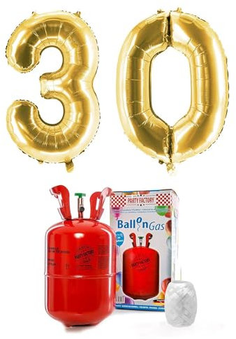 Party Factory – Helium Gasflasche 200L im Set mit XXL Zahlenballon 30 Gold – Partydeko Ballongas Flasche mit Folienballon & 40 m weißer Ballonschnur – Einwegflaschen mit Knick-Füllventil