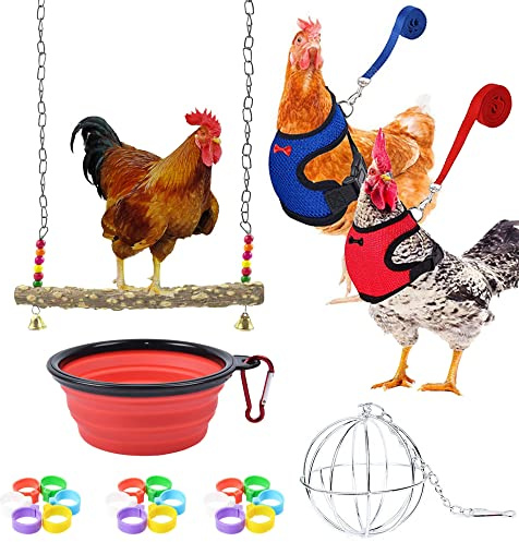 Allazone Juego de 25 Pz Juguetes de Madera para Columpios de Pollo, Juguete de Madera Natural, Arnés de Pollo Ajustable con Correa, Anillo de Patas de Pollo, Cuenco de Alimentación