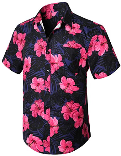 Enlision Hawaii Hemd Männer Sommer Hawaii Hemd Herren Kurzarm Rosa Hawaiihemd Blumen mit Brusttasche Strandhemd XL