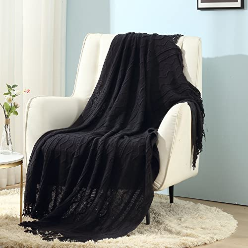 CREVENT Plaid décoratif en Tricot, Doux, Chaud, Confortable, léger pour canapé, Chaise, lit - pour Printemps, été, Automne - 127 x 152 cm, Noir Sombre