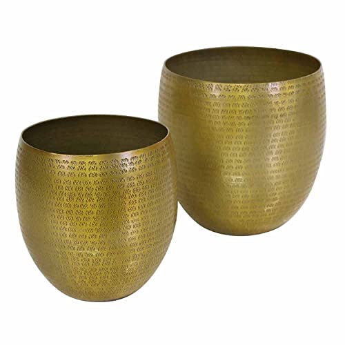 Blumengefäß Blumentopf Vega Gold 2er Set Klein rund aus Aluminium Hammerschlag Übertopf Boho Pflanzkübel Designer Blumen-Kübel | ABK705