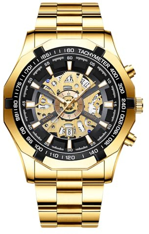 Rorios herrklockor män klocka business mekanisk klocka skelett automatisk klocka mode vattentätt armbandsur med rostfritt stål band klocka för män, Guld, L