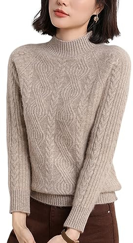 DISSA Pull Cachemire Femme Col Montant Torsade,Chameau,44
