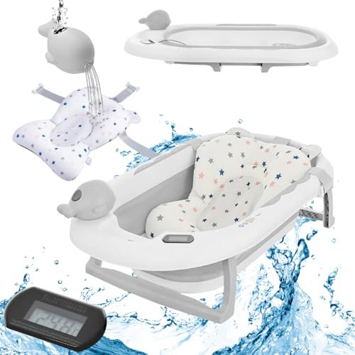 Primabobo Baignoire Bébé Pliable avec Support 81cm, Thermomètre et Coussin Pliable