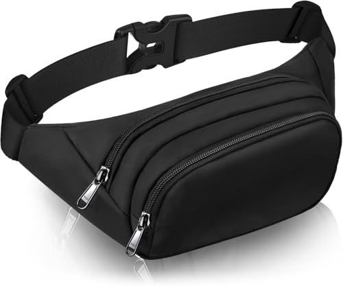 JAUSFETS Black Bumbags Fanny Packs for Women Men,Large Capacity Waist Pack 3 Pockets - Waterproof Expandable Running Belt Fits MAX 7.9'' iPad & 6.6'' Phone -Gift Bum Bag for Sport Travel Hiking