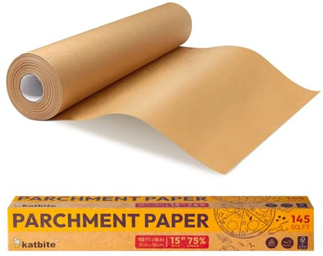 Katbite Rotolo di carta pergamena da forno, 38,1 x 35,1 m, 145 mq, con taglierina seghettata, antiaderente, più lungo, non sbiancato, per cucinare, friggitrice ad aria, cottura a vapore, pane