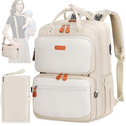 RAINSMORE Wickeltasche Rucksack Groß Baby Wickelrucksack mit Wickelunterlage Kinderwagenhaken Abnehmbare Cross Body Flasche Diaper Bag Multifunktionale Babytasche für Mama und Papa Beige