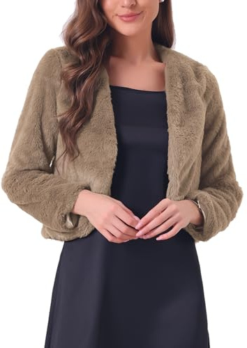 Allegra K Chaqueta Recortada para Mujer Abrigo de Invierno Bolero de Manga Larga con Frente Abierto de Piel Sintética Caqui oscuro M