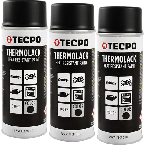 TECPO Thermolack Spray Dose 3X 400ml Auspufflack Autolack Ofenlack Bremssattellack hitzebeständig bis 800°C schnell trocknend Auto Lackspray Schwarz Matt schützt Motor und Auspuff vor Rost (3er-Pack)