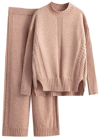 Completi Tuta Donna Elegante 2 Pezzi in Maglia Manica Lunga Girocollo Tinta unita Due Pezzi Outfit Maglione Casual Pullover Top e Pantaloni Elegante Set Loungewear Autunnale Invernale (Red4, One Size)