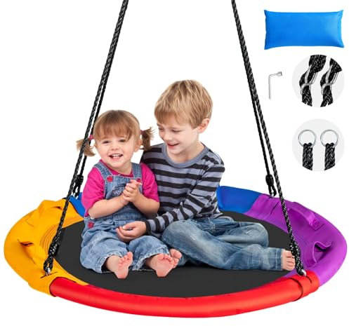 HOMFME Balancoire Nid d’Oiseau de 100 CM avec Lumineuse LED Coloré en 8 Mode, Blancoire Soucoupe avec 2 Cordes de Suspensions Réglables, Capacité 300 KG, 4 Places, Idéal pour Enfant 3 Ans+