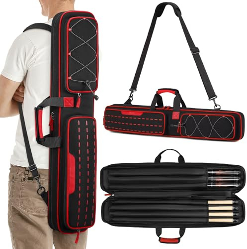 BOSSTIN Pool Cue Case, Pool Stick Bag 3x4 / 5x5 with Multiple Pockets, Soft Padded Billiard Cue Backpack with Adjustable Shoulder Straps for Easy Carry, Red