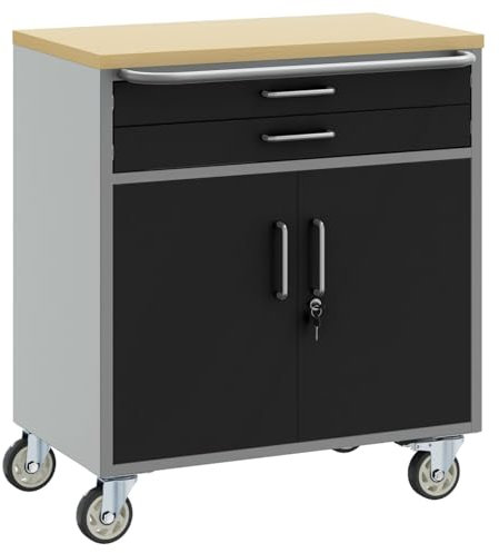 vidaXL Banco de Trabajo Industrial Compacto con 2 Cajones Negro y Gris Acero Madera Elaborada Ruedas Bloqueables para Fácil Movilidad Ideal para la Organización de Herramientas en el Garaje